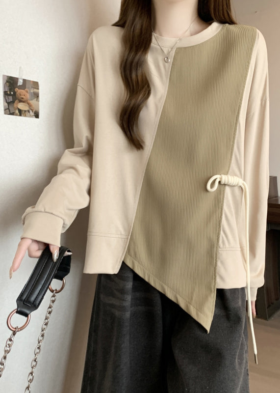 Khaki Asymmetrical Patchwork Cotton Sweatshirt Fall