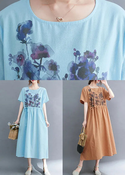 French Light Blue O-neck Print Drawstring Cotton Vacation Dress Short Sleeve