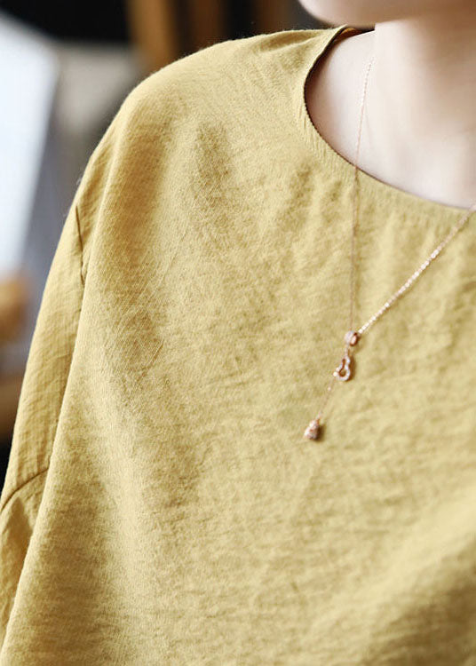 Yellow O-neck Oversized Linen Shirt Top Batwing Sleeve