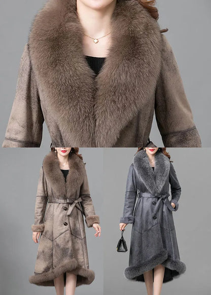 Grey Silm Fit Fuzzy Rabbit Leather and Fur Jacket Fox Collar Winter