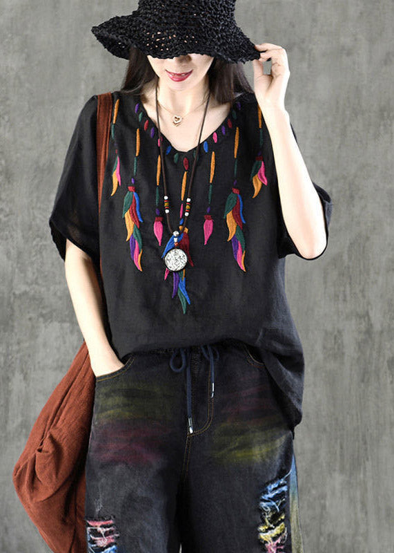 Black V Neckembroideried Cotton Top Short Sleeve