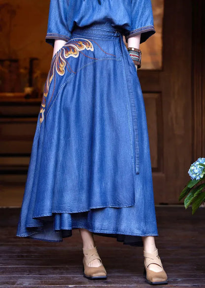 Classy Blue Print High Waist Silk Cotton a Line Denim Skirts Summer