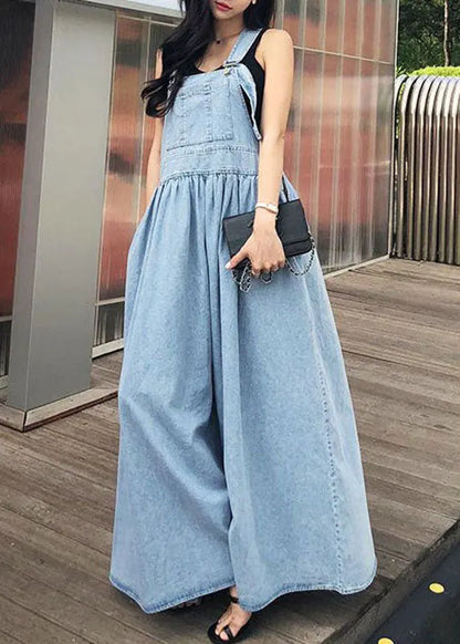 French Blue Wrinkled Patchwork Denim Long Dress Sleeveless Summer