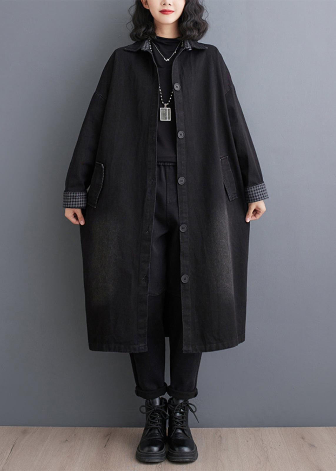 Black Pockets Patchwork Denim Trench Coats Fall
