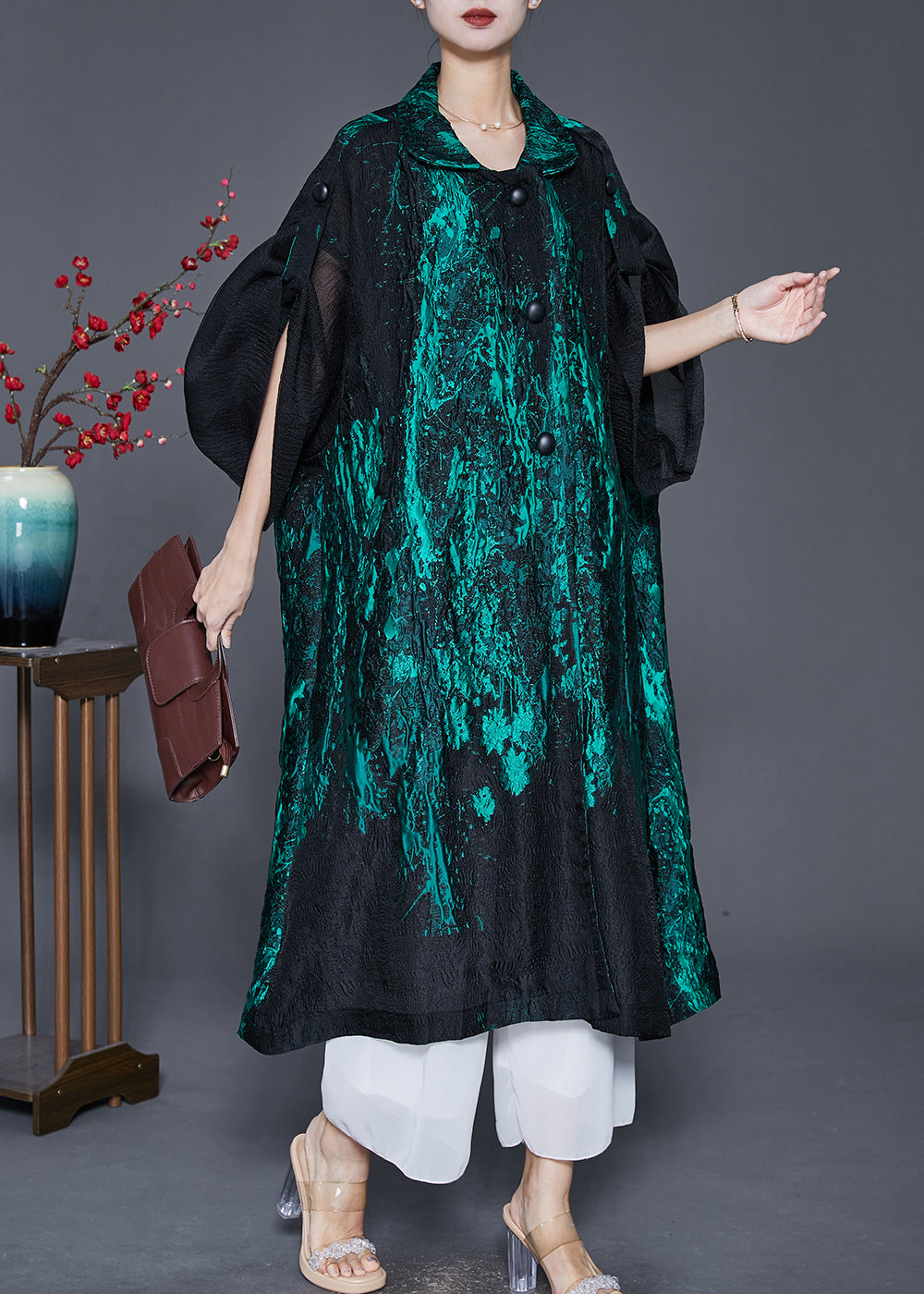 Green Oversized Patchwork Jacquard Spandex Trench Coats Spring