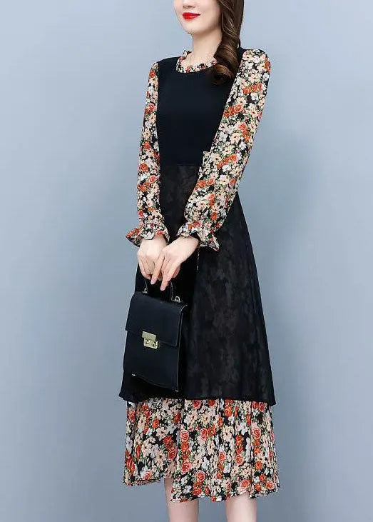 Colorblock O-neck Patchwork Print Chiffon Dresses Fall