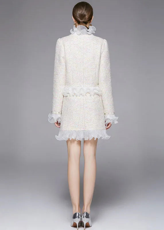 Beige Asymmetrical Patchwork Ruffles Woolen Two Piece Suit Set Fall