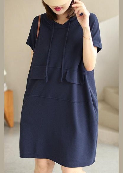 Navy Hooded Drawstring Patchwork Fall Short Sleeve Dress
