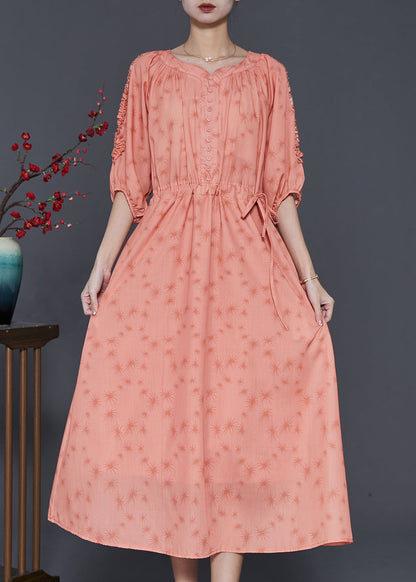 Orange Ruffled Print Linen Cinched Dress Summer