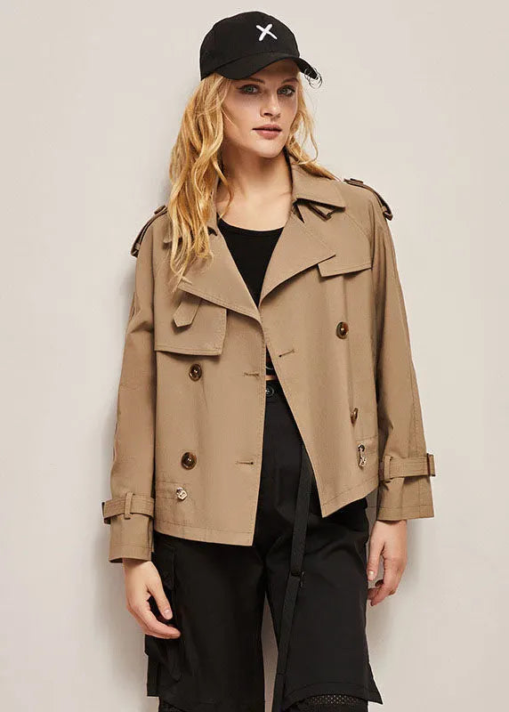 Khaki Peter Pan Collar Double Breast Cotton Short Coat Fall