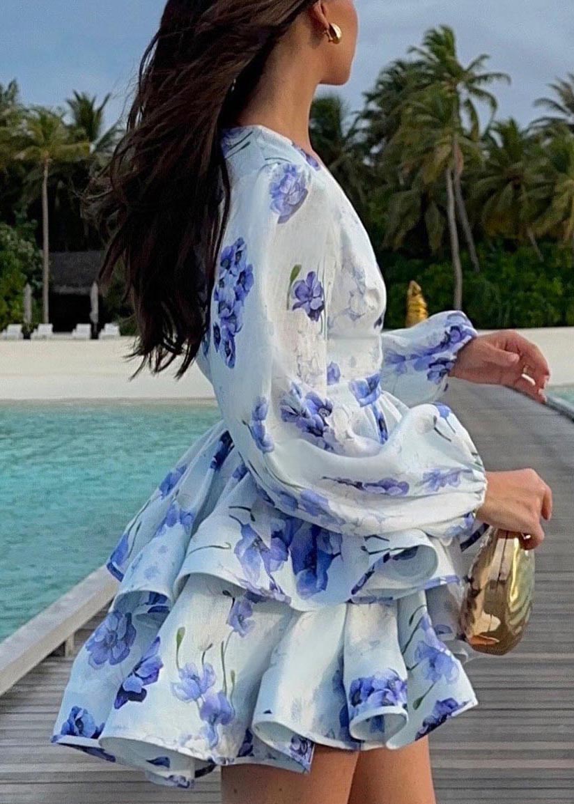 Yellow V Neck Print Mini Dress Lantern Sleeve