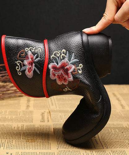 Embroidery Warm Fleece Boots Black Chunky Cowhide Leather