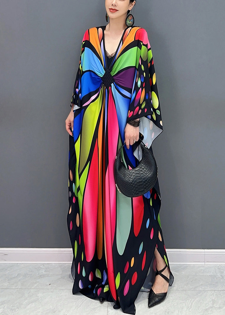 Colorblock V Neck Print Cotton Maxi Dresses Batwing Sleeve