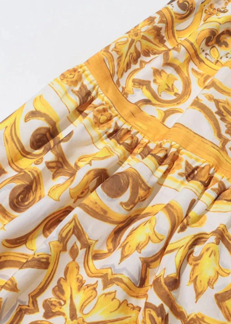 Yellow Print Tank and Skirts Cotton Two Pieces Set Sleeveless