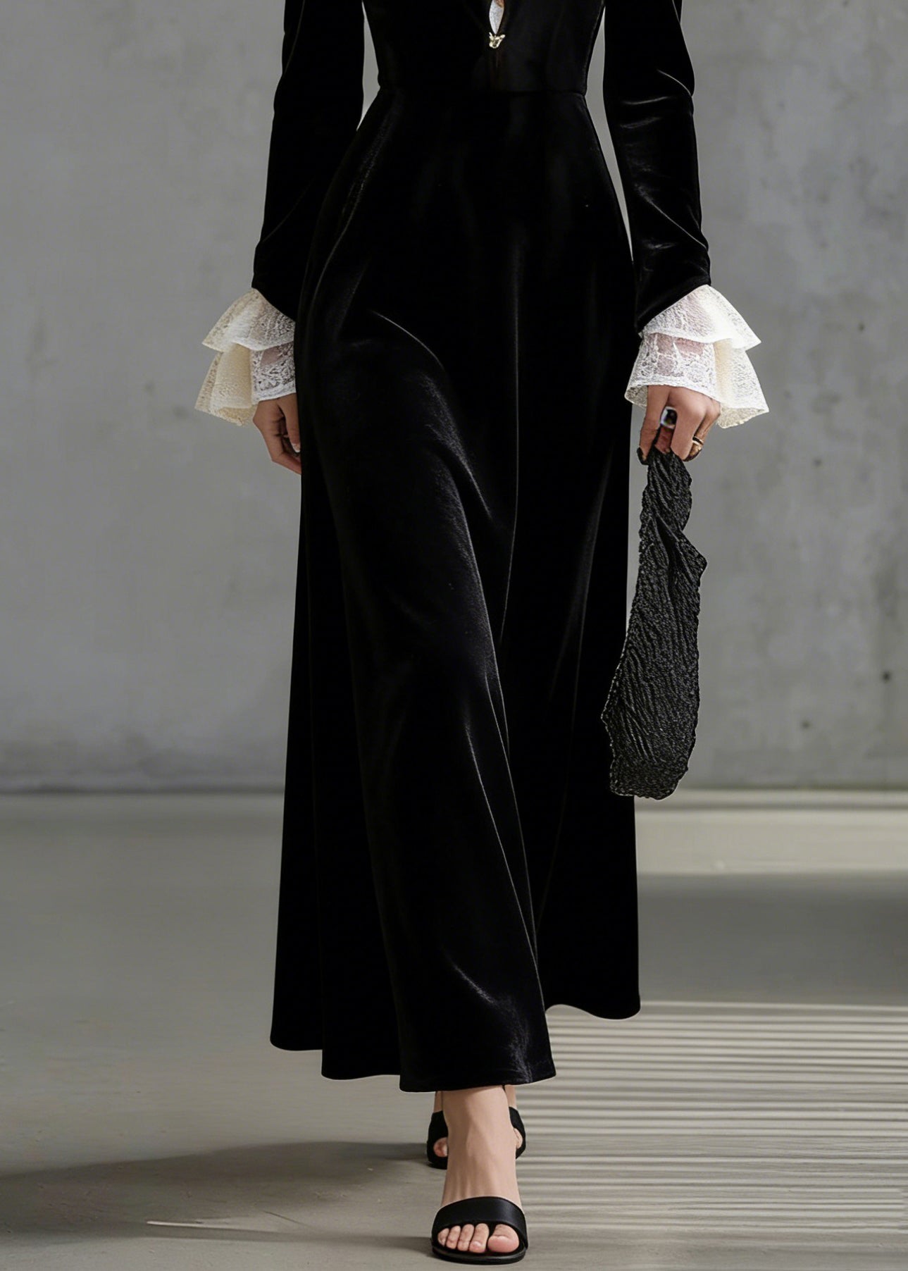 French Black Square Collar Lace Patchwork Silk Velvet Long Dress Flare Sleeve