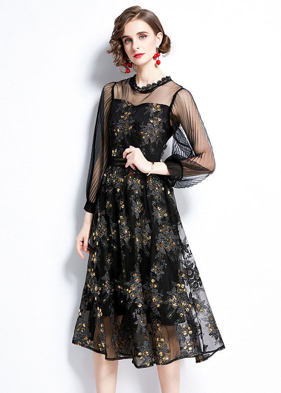 Black Embroideried Sequins Patchwork Hollow Out Tulle Dress Fall