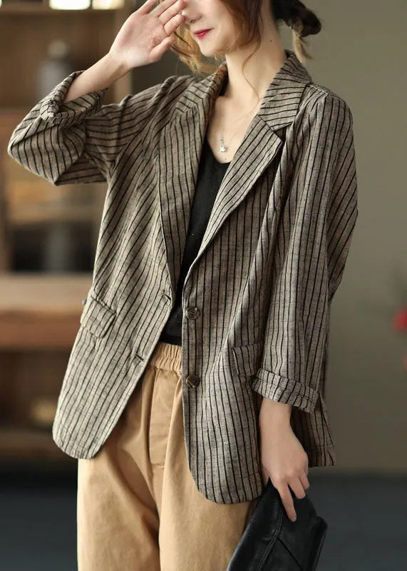 Light Button Pockets V Neck Striped Coats Long Sleeve Fall