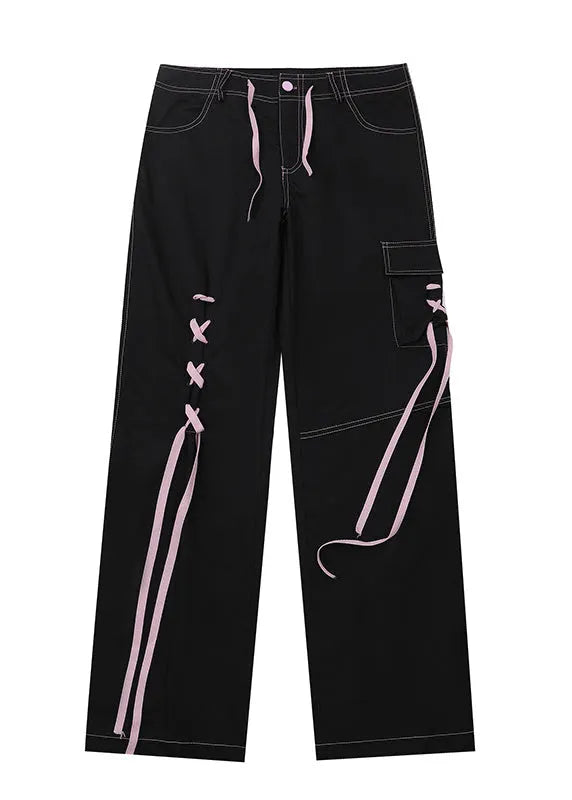 American Spicy Girl Black Color Tie Up Design Straight Leg Jeans Spring