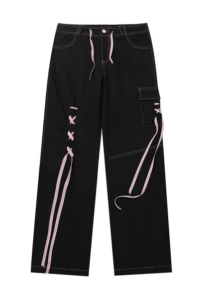 American Spicy Girl Black Color Tie Up Design Straight Leg Jeans Spring