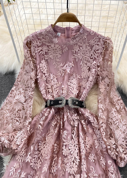 Pink O-neck Embroideried Tunic Sashes Tulle Maxi Dress Lantern Sleeve