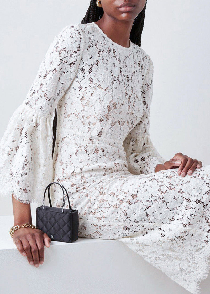 Beige Hollow Out Side Open Lace Dress Flare Sleeve