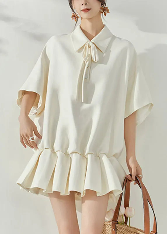 White Peter Pan Collar Tie Lace Mid Dresses Short Sleeve