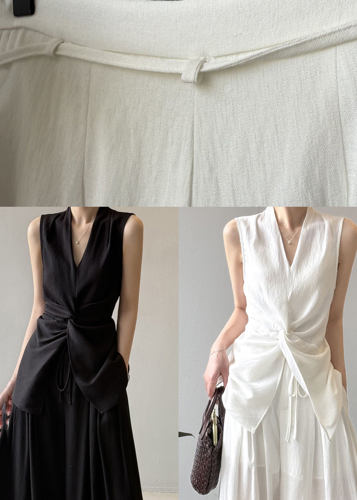 Black Silm Linen Two-piece Set Asymmetrical Wrinkled Sleeveless