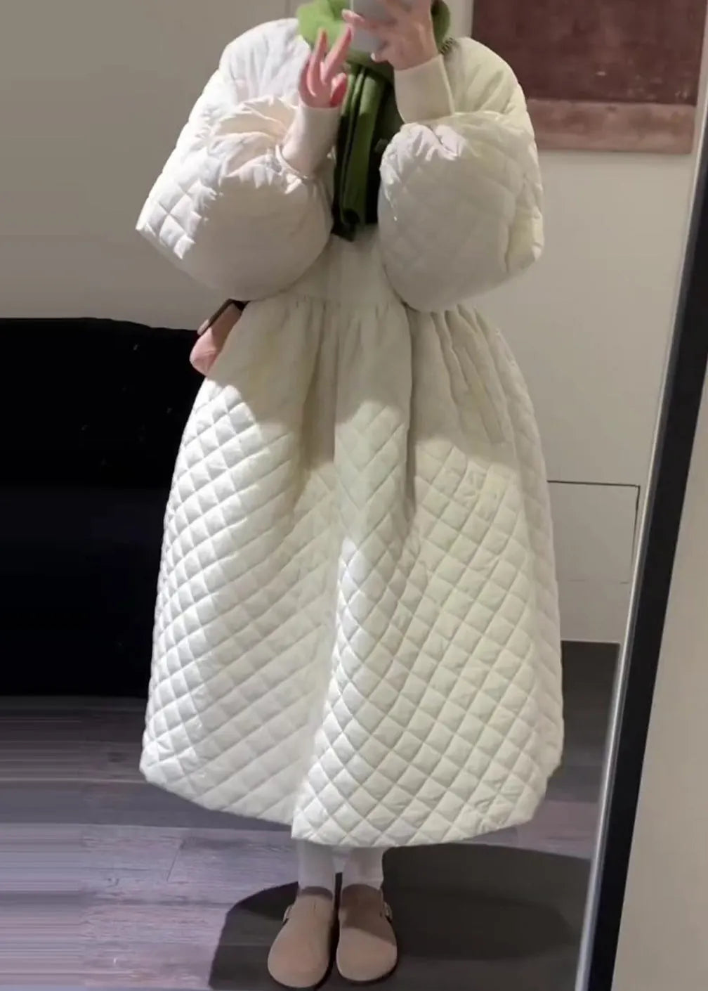 Boutique White Plaid Fine Cotton Filled Witner Coat Lantern Sleeve
