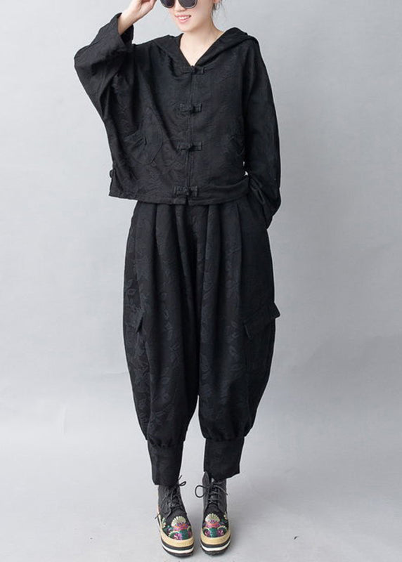 Jacquard Black Hooded Coats and Pants Two Pieces Set Fall