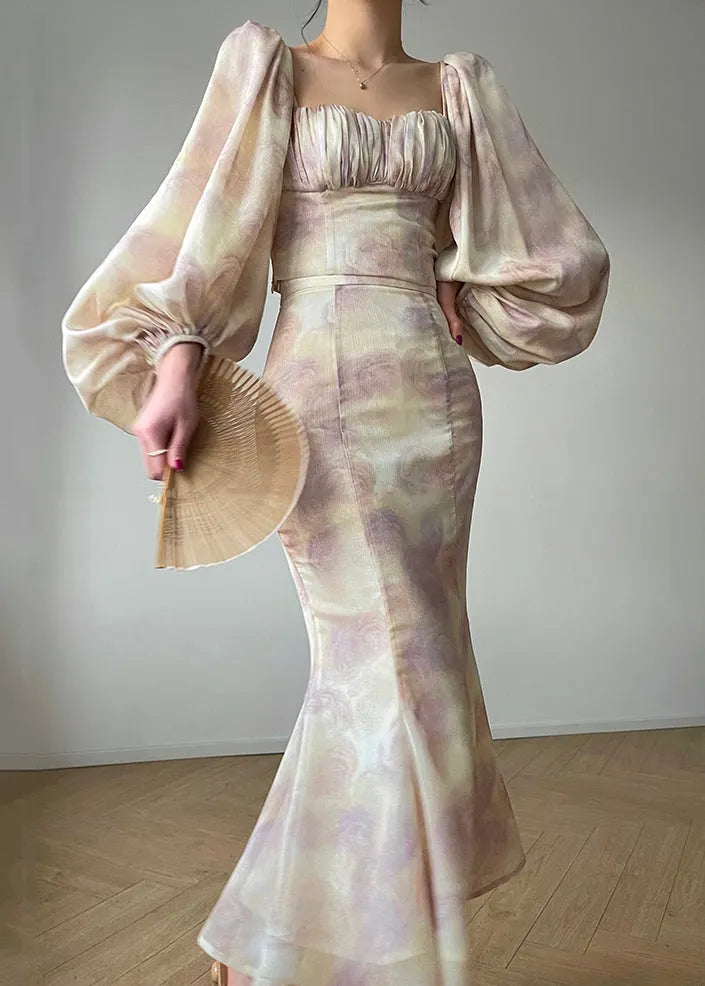 Stylish Blue Square Collar Print Tops and Skirts Chiffon Two Pieces Set Spring