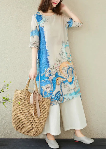 Blue Oversized Print Linen Dresses Summer