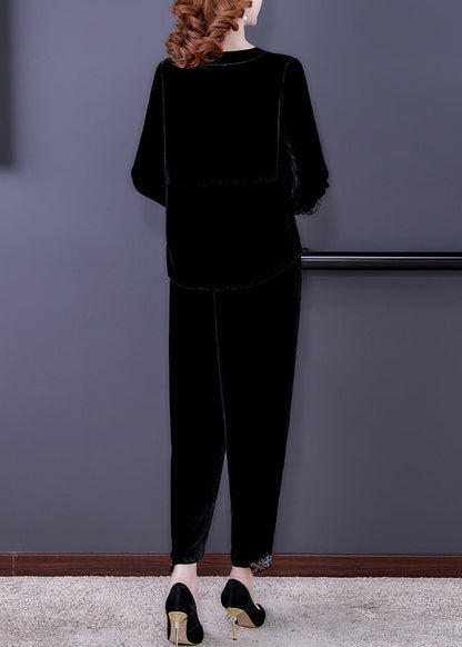 Black Print Silk Velour Top and Beam Pants Two Pieces Set Long Sleeve
