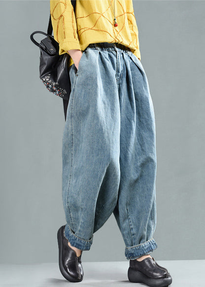 Light Blue Pockets Elastic Waist Denim Lantern Pants Spring