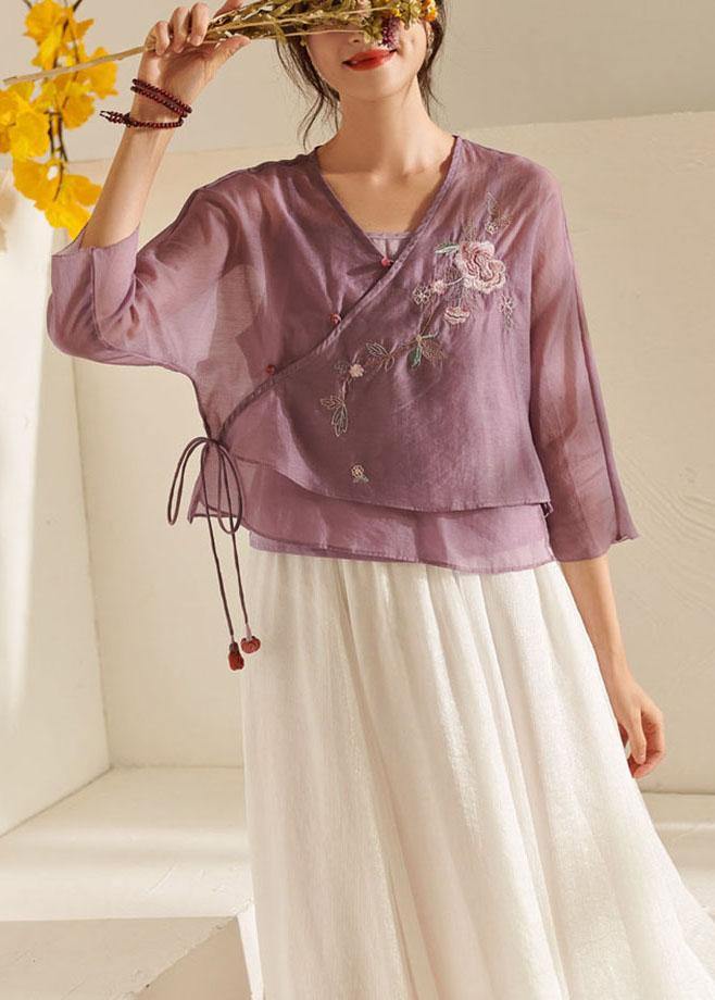 French Purple Tie Waist Embroideried Summer Top