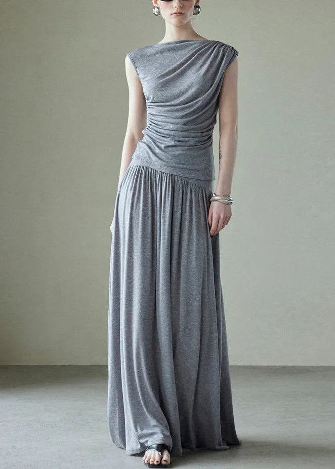 Grey Pockets Tops and Skirts Cotton Two Pieces Set Wrinkled Summer