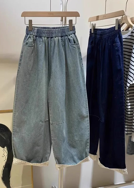 Light Blue Pockets Elastic Waist Crop Jeans Fall
