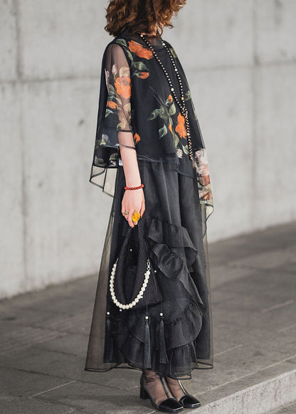 Loose Black Asymmetrical Print Ruffled Tulle Two Pieces Set Half Sleeve