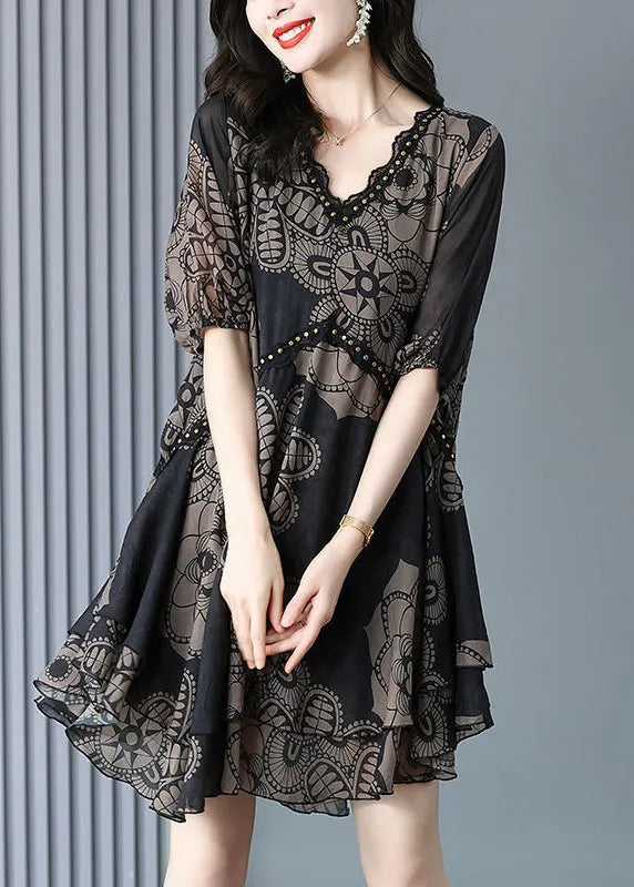 Black V Neck Print Chiffon Maxi Dress Summer