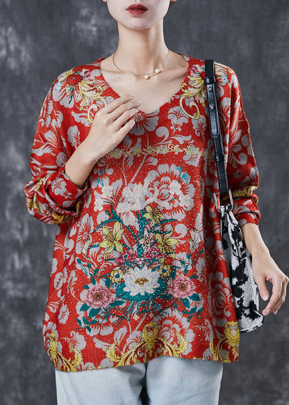 Red Oversized Zircon Knit Sweater Spring