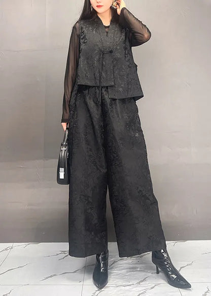 Black Print Asymmetrical Silk Cotton Waistcoat and Wide Leg Pants Two Piece Set Fall
