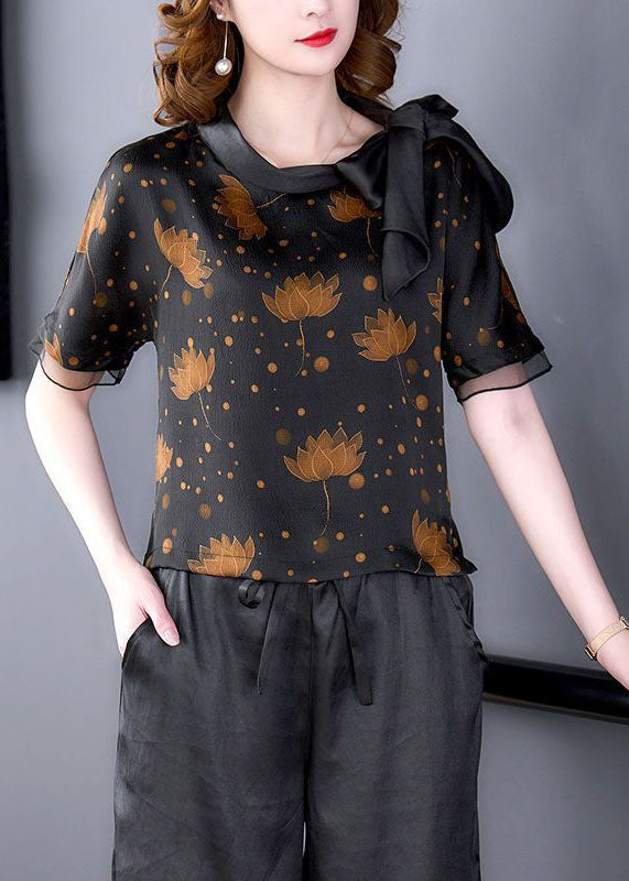 Black Bow Collar Patchwork Print Silk Shirt Short Sleeve