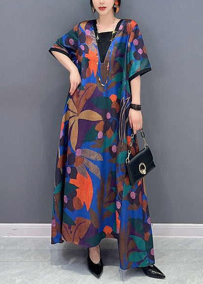Natural Colorblock V Neck Print Patchwork Cotton Dress Short Sleeve
