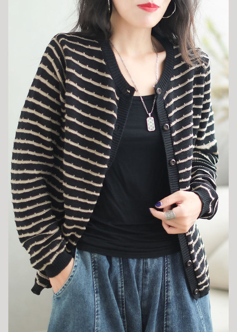 Black O-neck Striped Patchwork Button Cozy Cotton Knit Sweaters Coats Fall