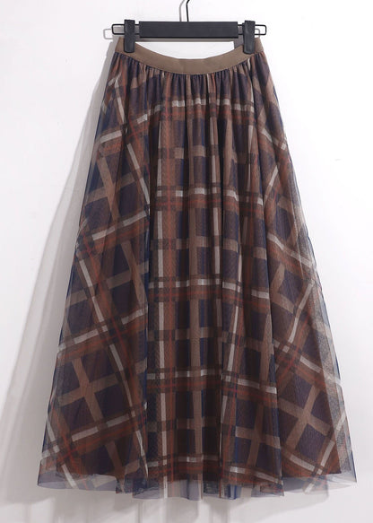 Chocolate Plaid Tulle a Line Skirt High Waist Spring