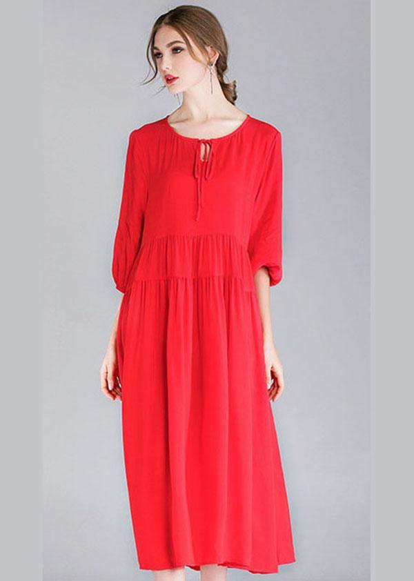 Red Loose Wrinkled Spring Holiday Dress Three Quarter Sleeve
