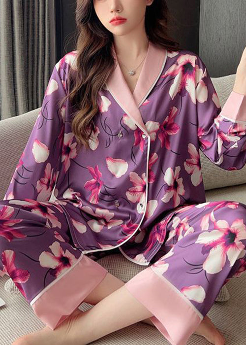 Purple Print Patchwork Ice Silk Pajamas Two Piece Set Spring