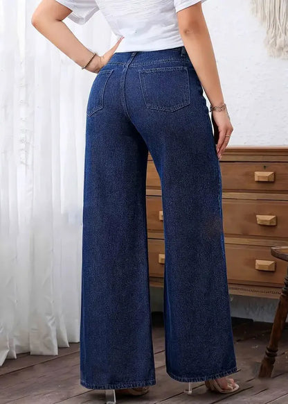 Dark Blue Pockets Patchwork Wide Leg Jeans Fall