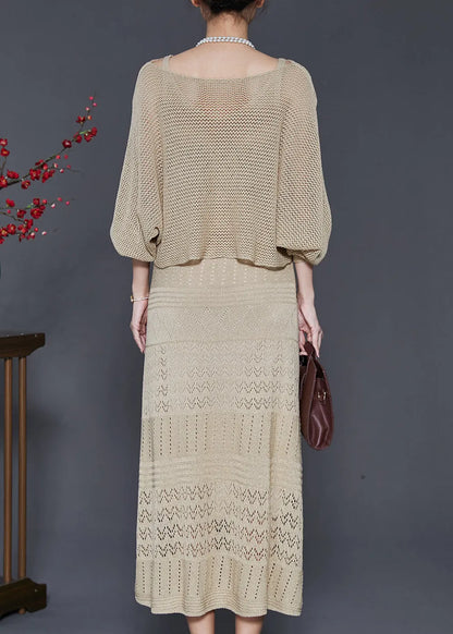 Khaki Hollow Out Knit Dress Two-piece Set Spring