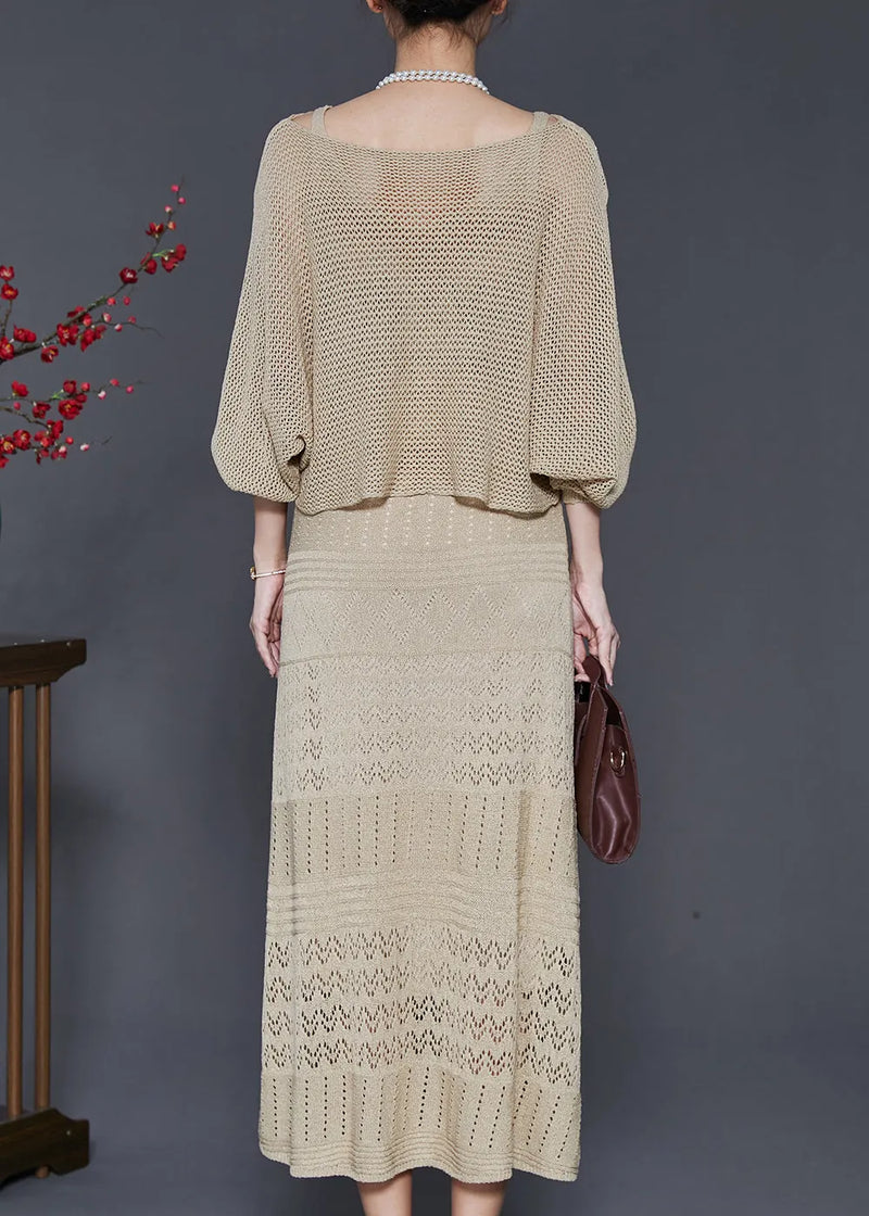 Khaki Hollow Out Knit Dress Two-piece Set Spring