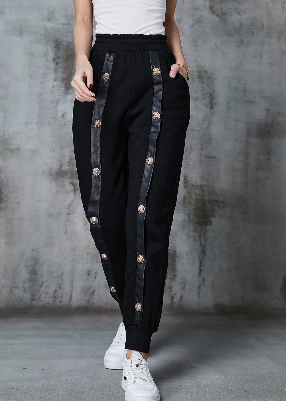 Black Metal Buttons Patchwork Warm Fleece Pants Winter